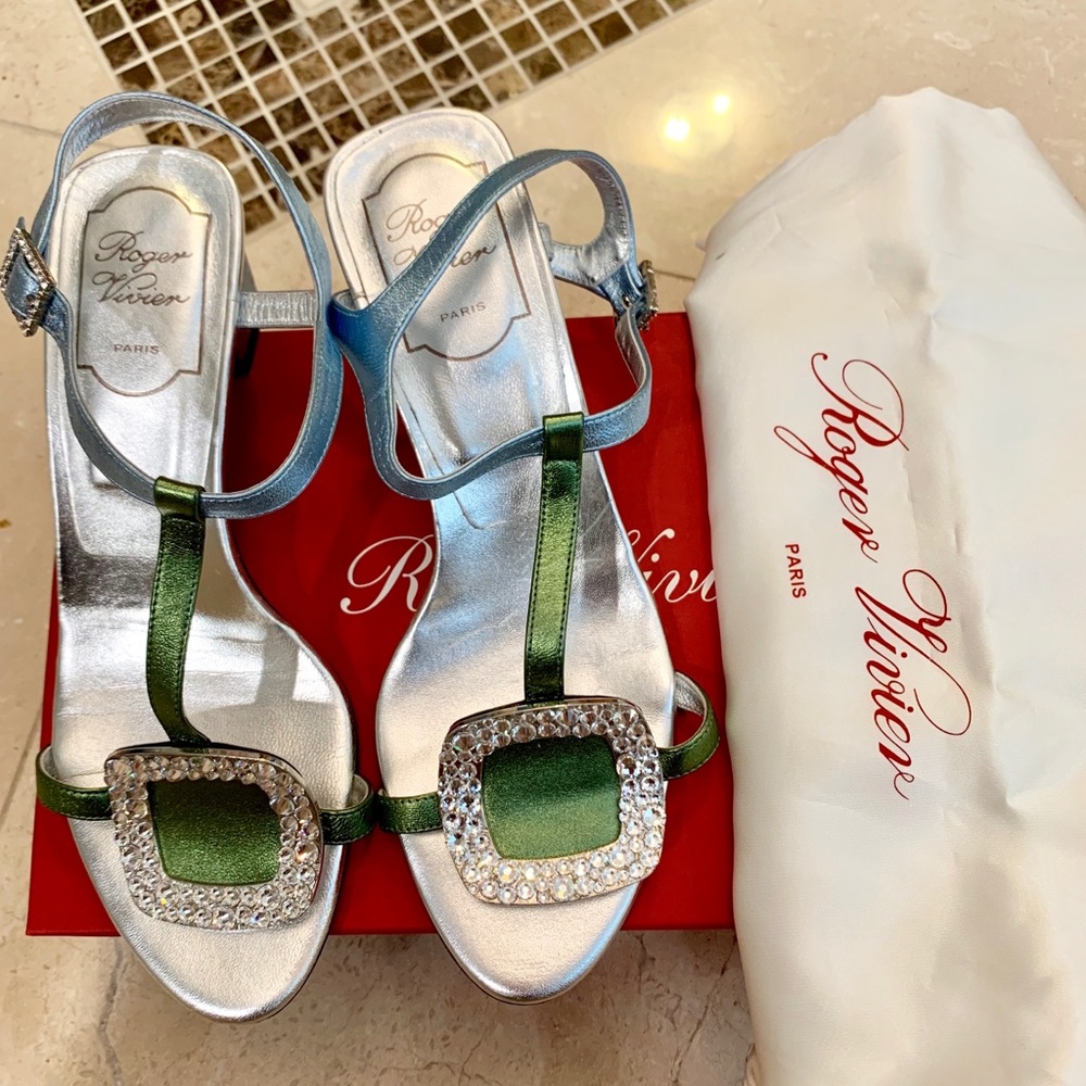 Roger Vivier Metallic Leather Crystal Sandals